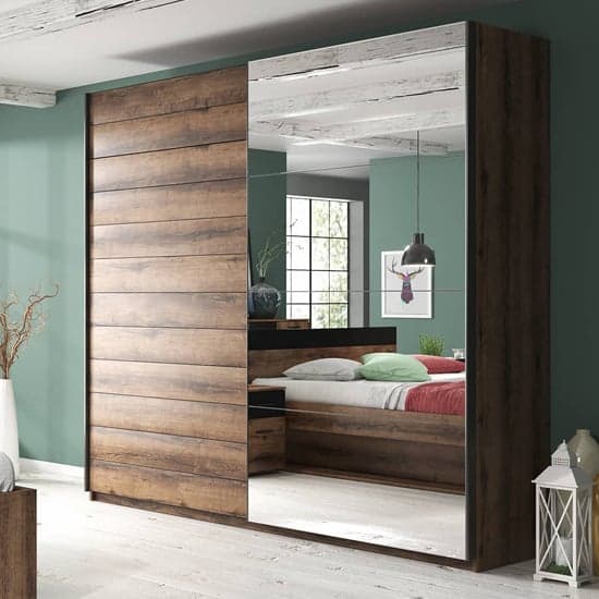 Biloxi 221cm Mirrored Wardrobe with 2 Sliding Doors in Monastery Oak Finish