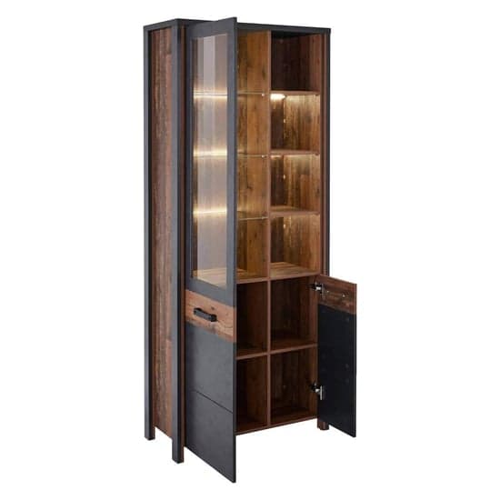 Blois Wooden Display Cabinet Tall 2 Doors In Matera Oak And LED