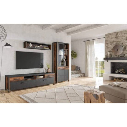 Blois Wooden Display Cabinet Tall 2 Doors In Matera Oak And LED