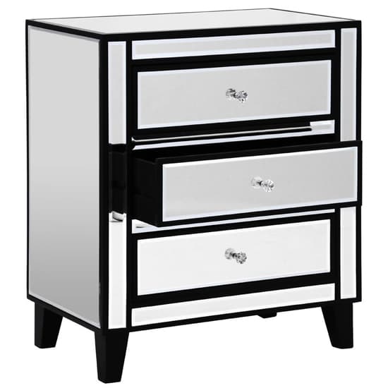 FURCO Boulejo 3 Drawer Mirrored Chest in Silver and Black with Crystal Handles