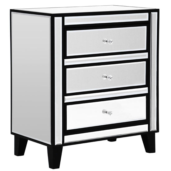 FURCO Boulejo 3 Drawer Mirrored Chest in Silver and Black with Crystal Handles