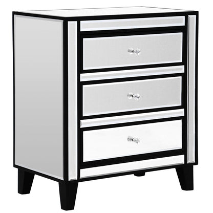 FURCO Boulejo 3 Drawer Mirrored Chest in Silver and Black with Crystal Handles