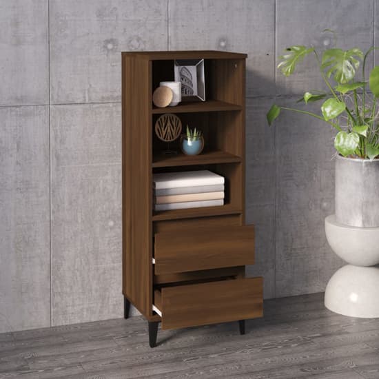 Brown Oak Wooden Bookcase with 2 Drawers and Open Shelving for Home and Office