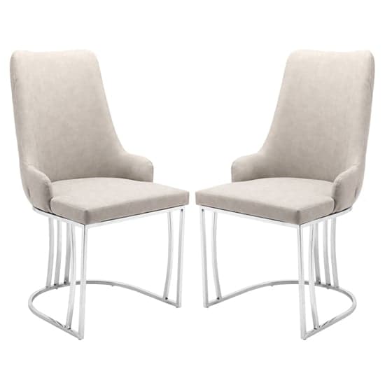 Beige Faux Leather Dining Chairs with Silver Frame - Set of 2