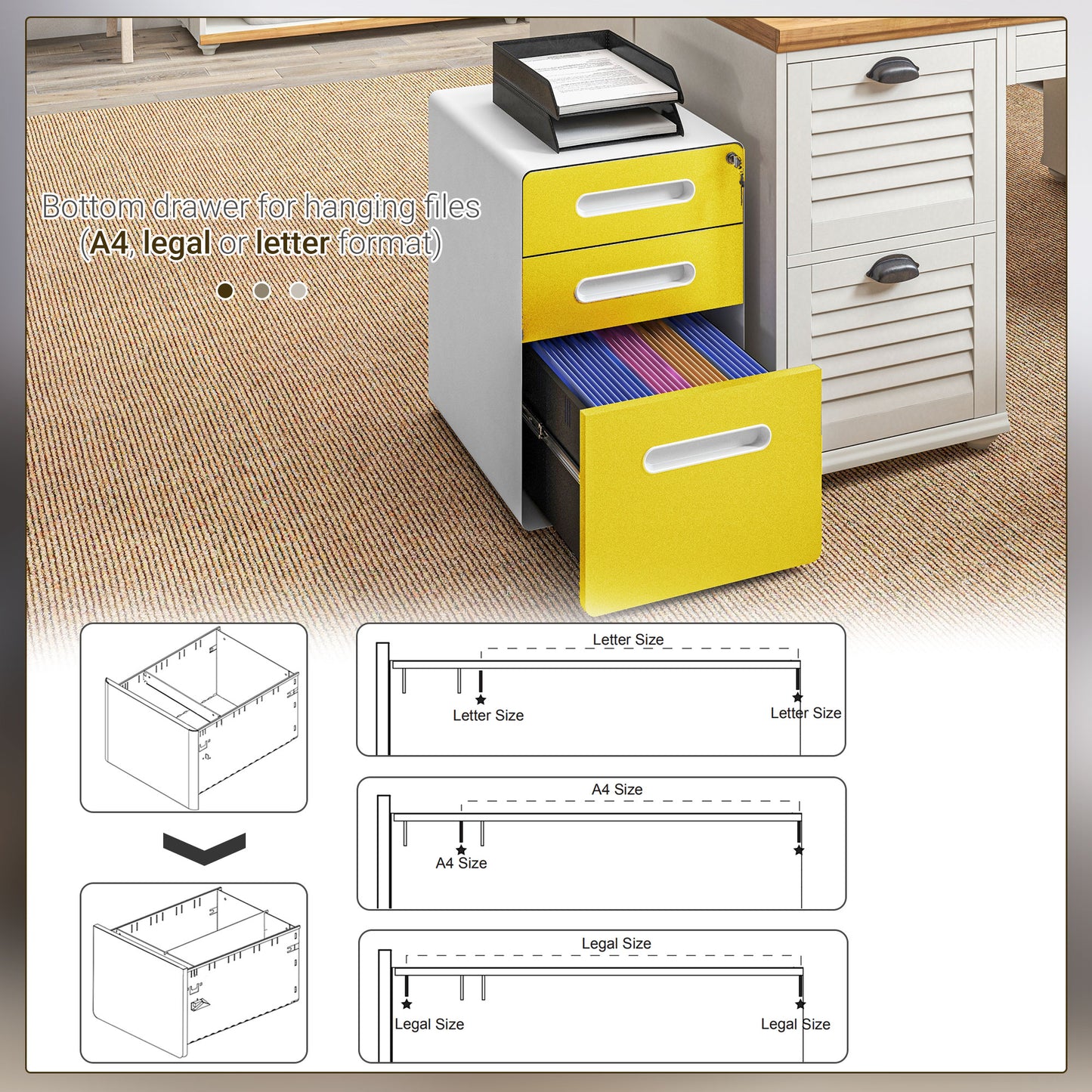 Vinsetto 3 Drawer Filing Cabinet, Steel Lockable File Cabinet with Lock and Wheels, for A4, Letter, Legal Sized Files, Yellow