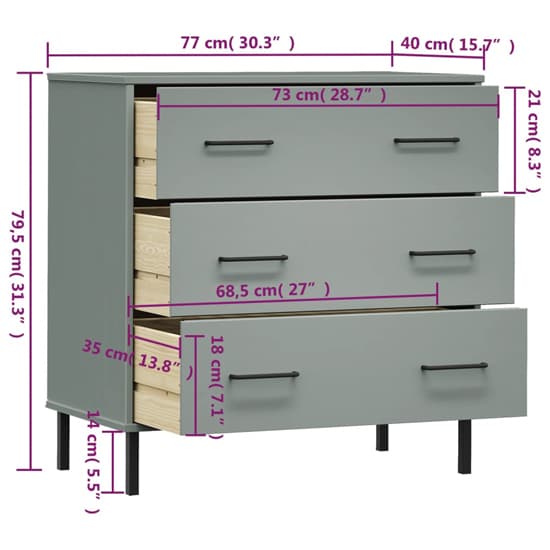 Byron Solid Pine Wood Chest Of 3 Drawers In Grey