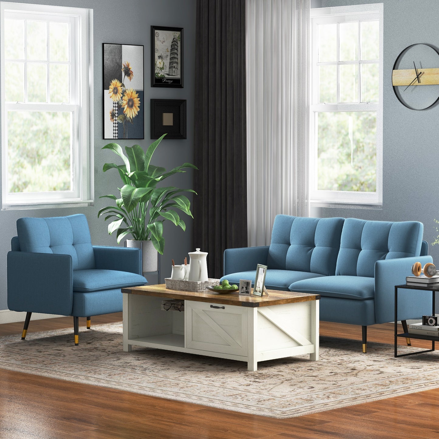 HOMCOM Modern 2 Seater Sofa, Button Tufted Loveseat with Cushions and Steel Legs for Living Room, Guest Room, Dark Blue Fabric