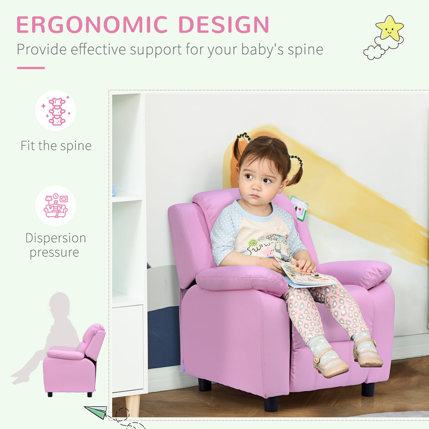 HOMCOM ids Sofa Armchair Toddler Recliner Children's Chair Lounger Games Chair PU Leather w/ Storage (Pink)