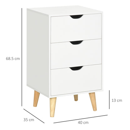 HOMCOM edside Table, Bedside Cabinet with 3 Drawers, Small Side Table with Wood Legs and Cut-out Handles for Bedroom, White