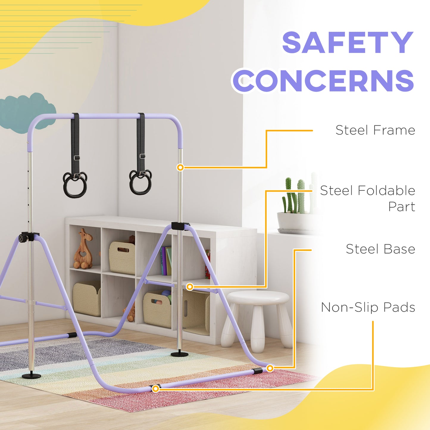 HOMCOM djustable Height, Foldable Kids Gymnastics Bar w/ Non-Slip Mats, for 3+ Years, Purple