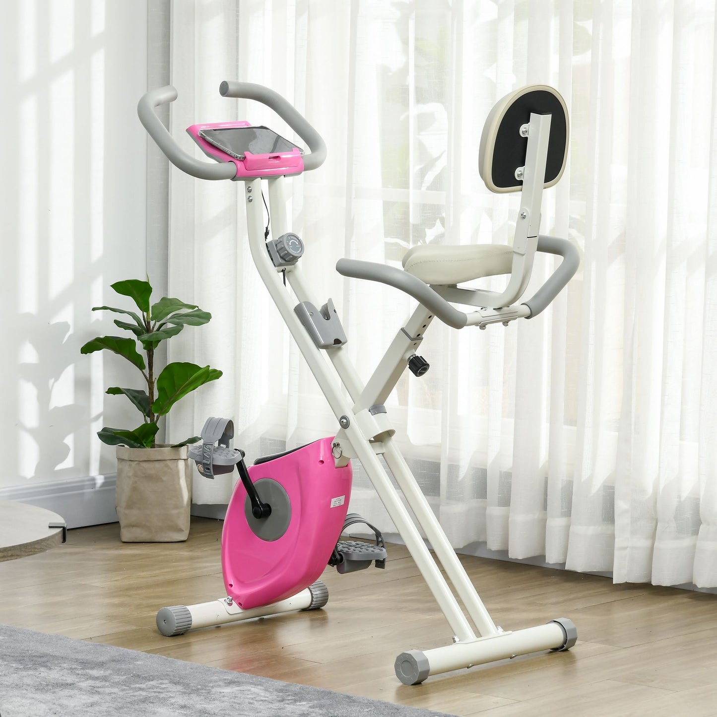 HOMCOM olding Exercise Bike, with Adjustable Magnetic Resistance, Seat Height - White and Pink