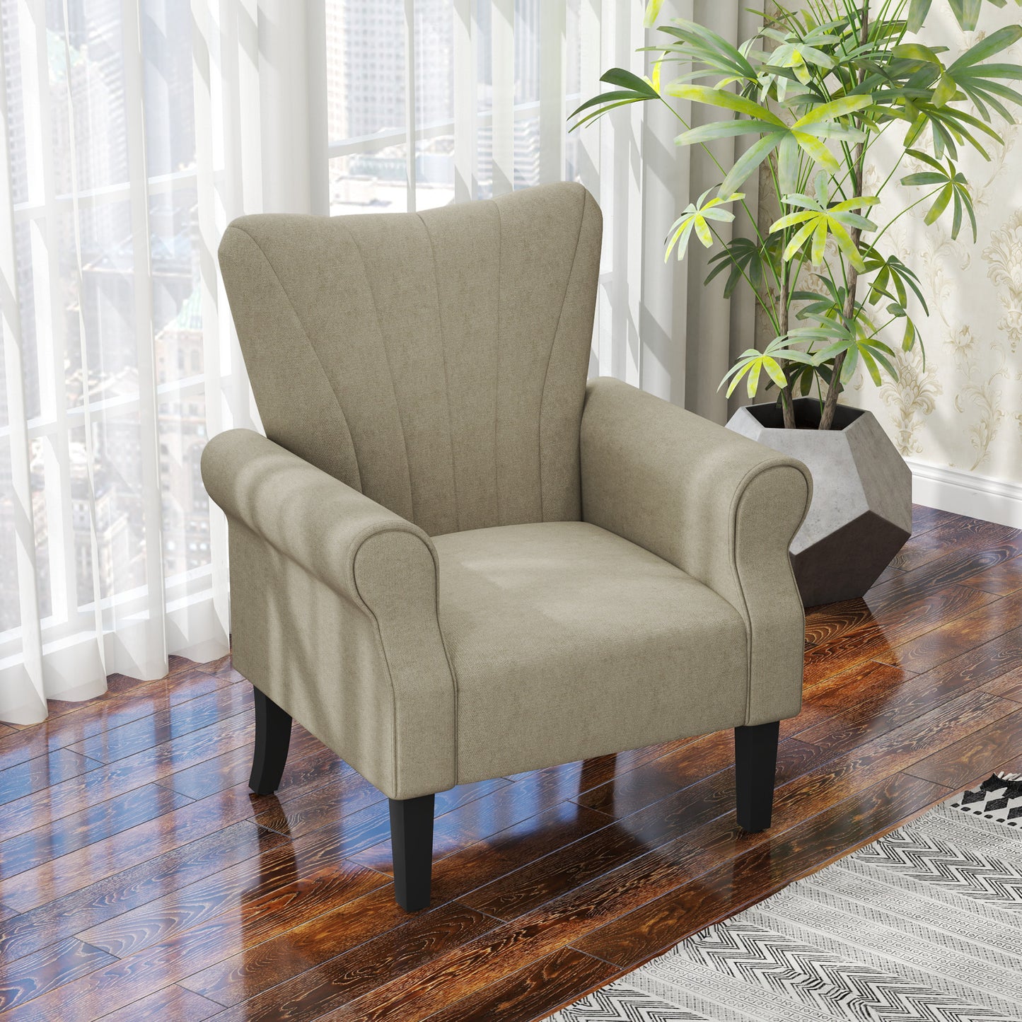 HOMCOM pholstered Accent Chair with High Back, Rolled Arms and Wood Legs, Soft Thick Padded Armchair, Beige