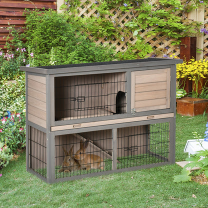 PawHut 2 Tier Wooden Rabbit Hutch Guinea Pig House Bunny Cage Backyard w/ Ramp Outdoor Run Built-in Tray Openable Roof Small Animal House Brown, 108 x 45 x 78 cm