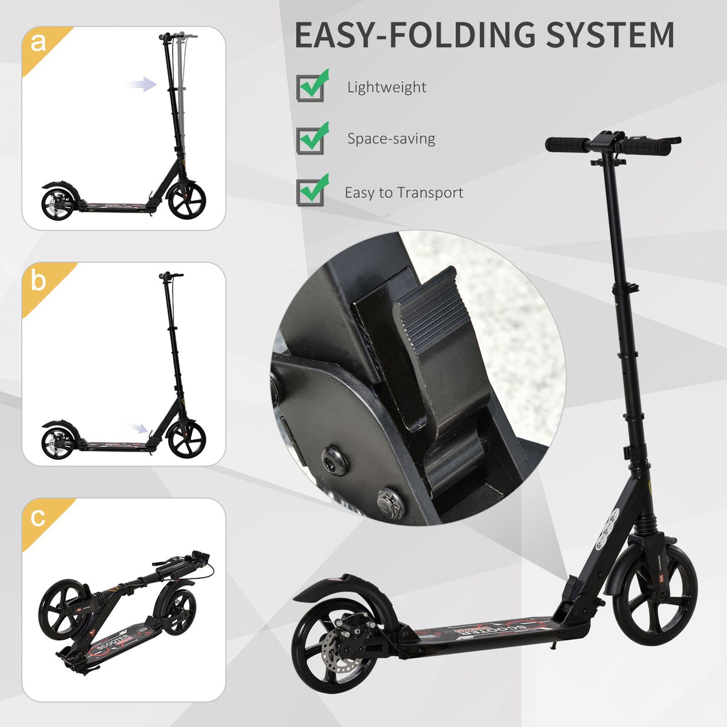 HOMCOM ick Scooter, Folding 2 Wheel Scooter for 14+ Teens Adults, with Dual Brake System, Dual Suspension, 230mm Big Wheels, 3 Adjustable Handlebar, up to 100KG, Black