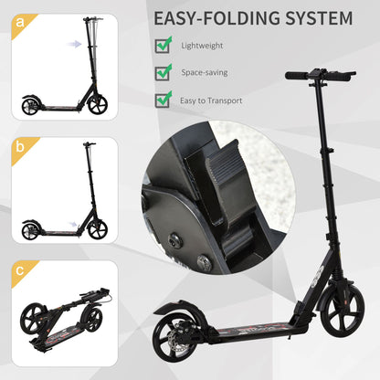 HOMCOM ick Scooter, Folding 2 Wheel Scooter for 14+ Teens Adults, with Dual Brake System, Dual Suspension, 230mm Big Wheels, 3 Adjustable Handlebar, up to 100KG, Black