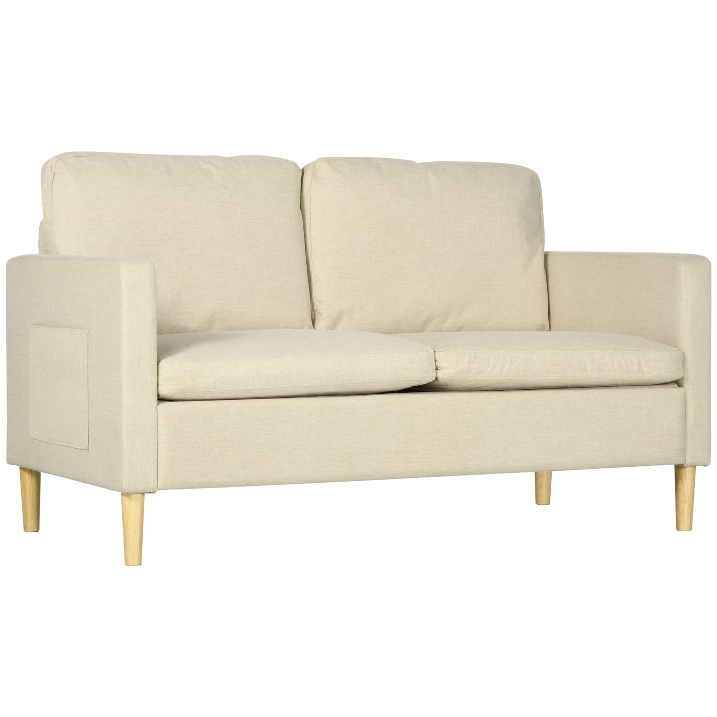 HOMCOM 2 Seater Sofa for Living Room, Modern Fabric Couch with Wood Legs and 2 Pockets for Bedroom and Home Office, Beige