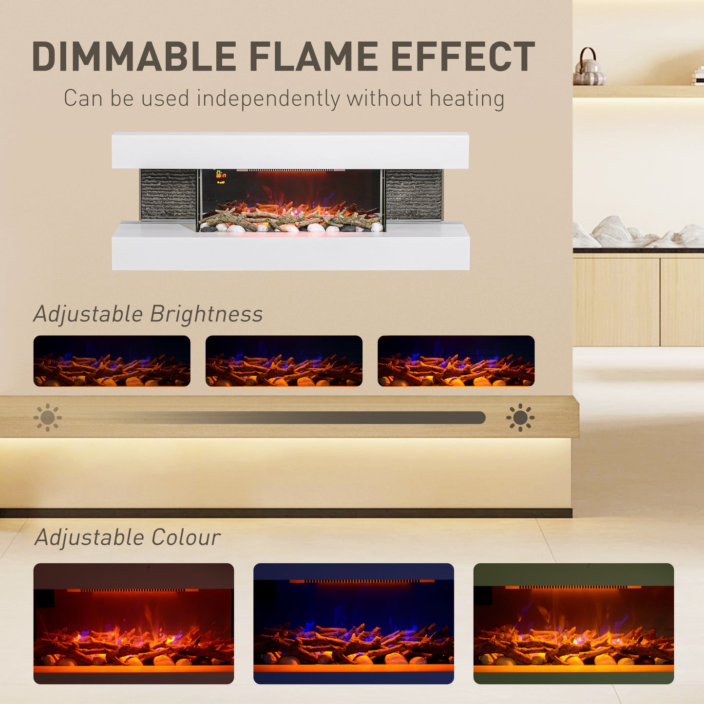 HOMCOM 7inch / 120cm Electric Fireplace Wall Mounted, Freestanding, Glass Electric Fire Suite with Mantel, Adjustable LED Flame Effect, Log, Pebble, Remote Control, 2000W, White