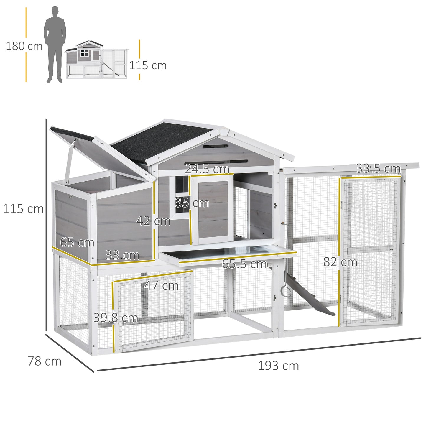 PawHut Large Chicken Coop with Run Hen House Wooden Poultry Cage w/ Nesting Box Removable Tray Outdoor 193 x 78 x 115cm