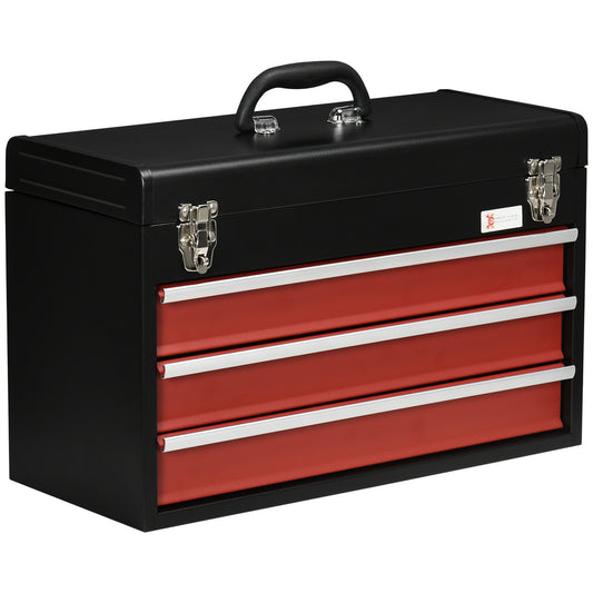 DURHAND 3 Drawer Tool Chest, Lockable Metal Tool Box with Ball Bearing Runners, Portable Toolbox, 510mm x 220mm x 320mm, Black