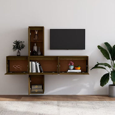 Solid Pinewood Honey Brown TV Unit with Storage Cabinets