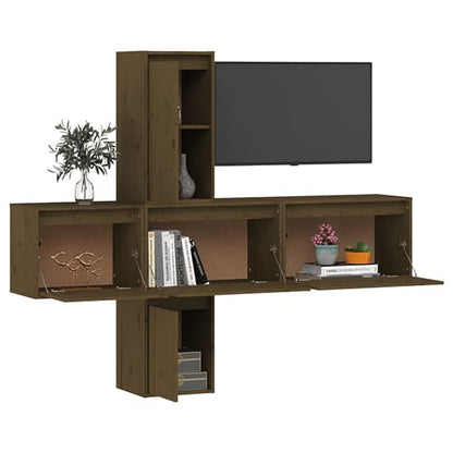 Solid Pinewood Honey Brown TV Unit with Storage Cabinets