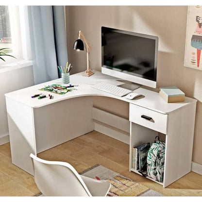 Calvi White Corner Computer Desk with Drawer for Home Office