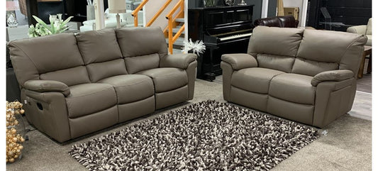 Carlton Electric 3 Seater Recliner and 2 Seater Static Semi Aniline Leather Sofa Set Cappuccino Brown Newtrend, Available for delivery in 8 weeks