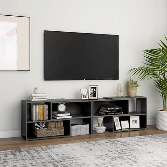 Modern Grey High Gloss TV Stand with Shelves for Living Room Storage