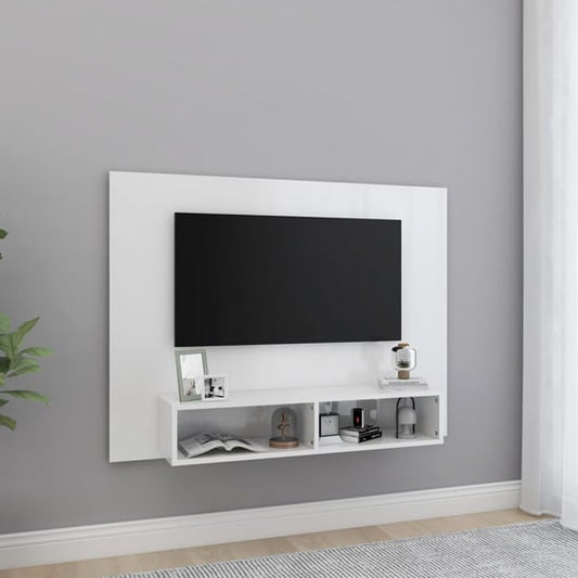 White High Gloss Wall Mounted TV Unit by FURCO with Open Storage Compartments