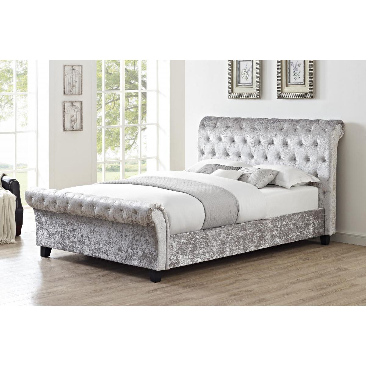 Broxtowe Grey Crushed Velvet King Size Bed with High Foot End