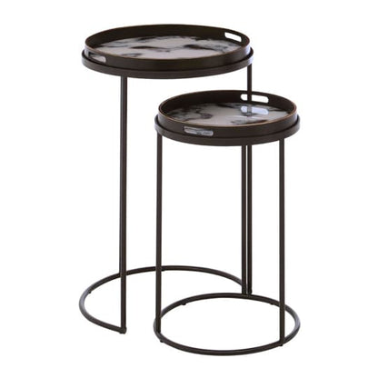 FURCO Set of 2 Faux Marble Round Side Tables with Cutout Handles