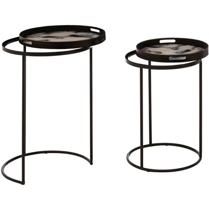 FURCO Set of 2 Faux Marble Round Side Tables with Cutout Handles