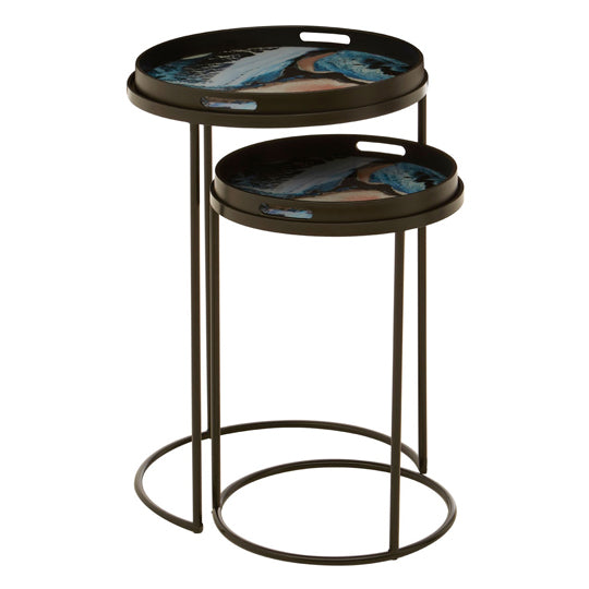 FURCO Set of 2 Round Side Tables in Pink and Blue with Abstract Design