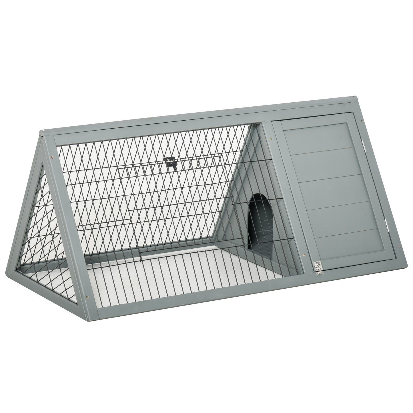 PawHut Wooden Rabbit Hutch Triangle Bunny Ferret Cage Guinea Pig Run Small Animal Hutch Grey 116 x 62.2 x 52.5 cm