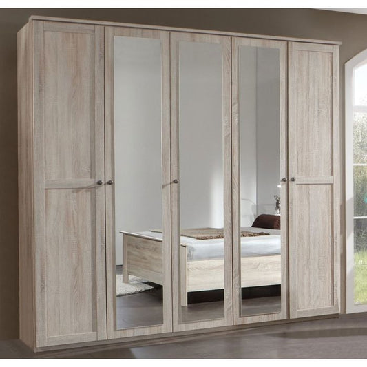 Cairo 5 Door Wardrobe with Mirrors | Oak Finish | Spacious Storage Solution