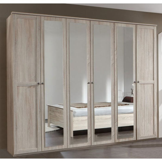 Cairo 6 Door Mirrored Wardrobe in Oak | Spacious & Classic | Furco