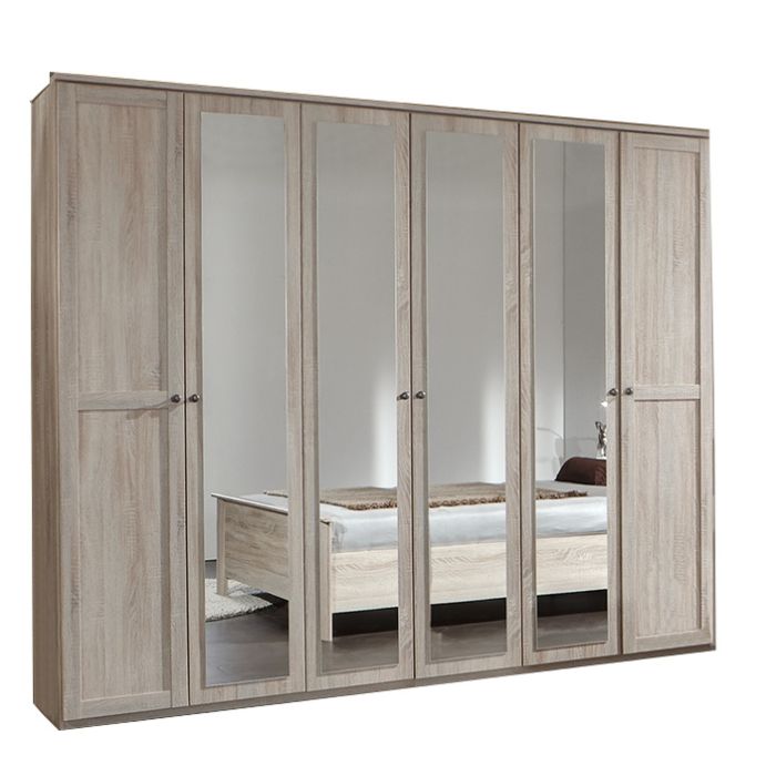 Cairo 6 Door Mirrored Wardrobe in Oak | Spacious & Classic | Furco