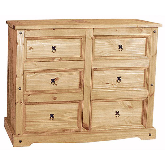 Distressed Light Pine 6 Drawer Wide Chest - Rustic Solid Waxed Storage Solution