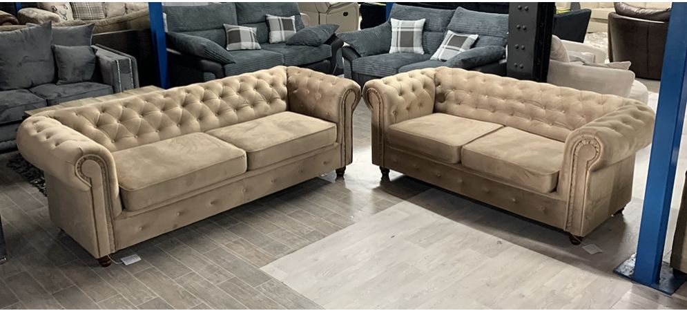 Beige Chesterfield Sofa Set - 3 Seater & 2 Seater with Hardwood Frame