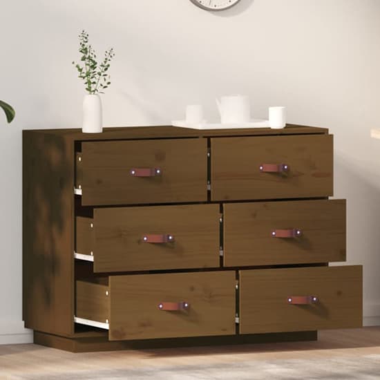 FURCO Solid Pinewood Chest of 6 Drawers in Honey Brown for Organized Storage