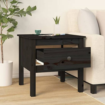 FURCO Black Pine Wood Side Table with Drawer for Living Room or Bedroom