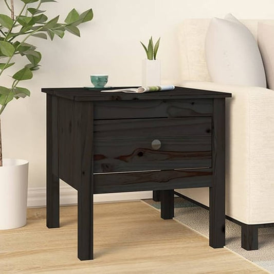 FURCO Black Pine Wood Side Table with Drawer for Living Room or Bedroom