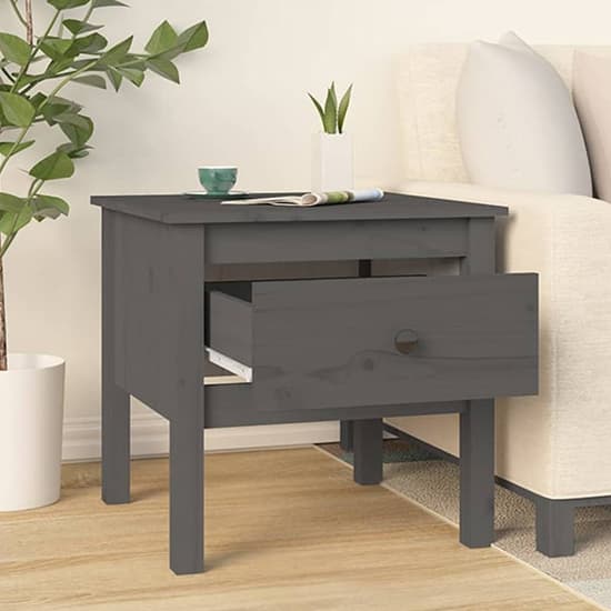 FURCO Grey Pine Wood Side Table with Drawer - Compact Rustic Design for Living Room or Bedroom