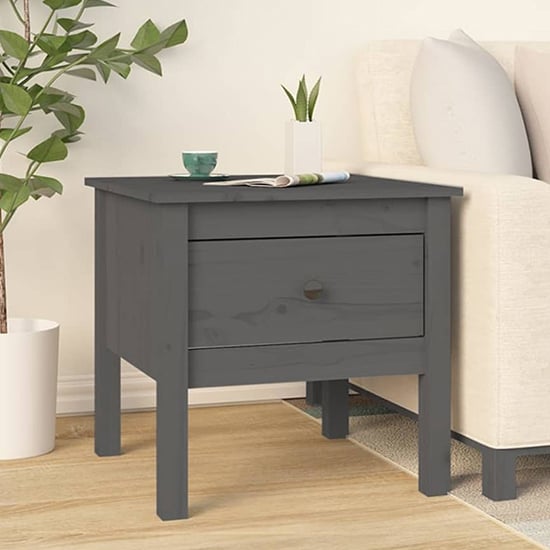 FURCO Grey Pine Wood Side Table with Drawer - Compact Rustic Design for Living Room or Bedroom