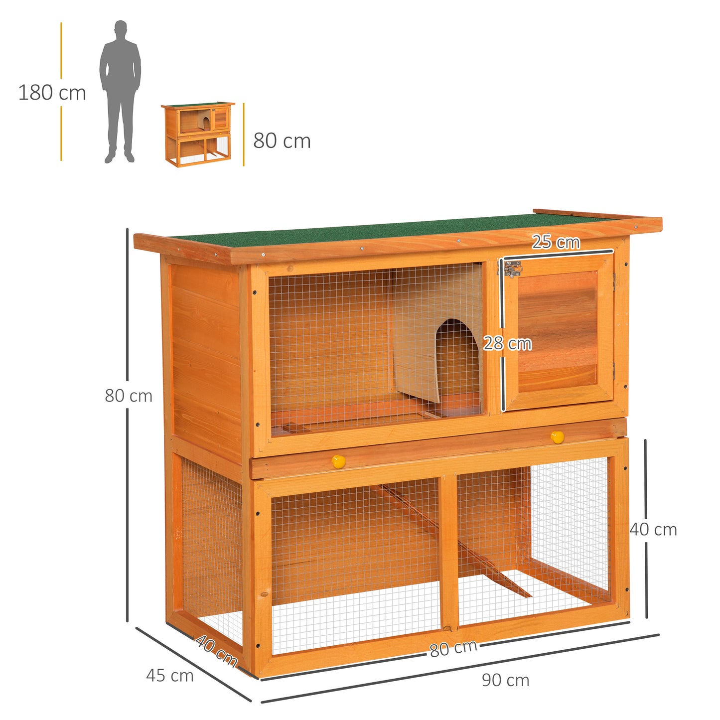 PawHut Rabbit Hutch Outdoor Guinea Pig Hutch Wooden Pet Cage Run 2-Tier with Opening Top, 90 x 45 x 80cm