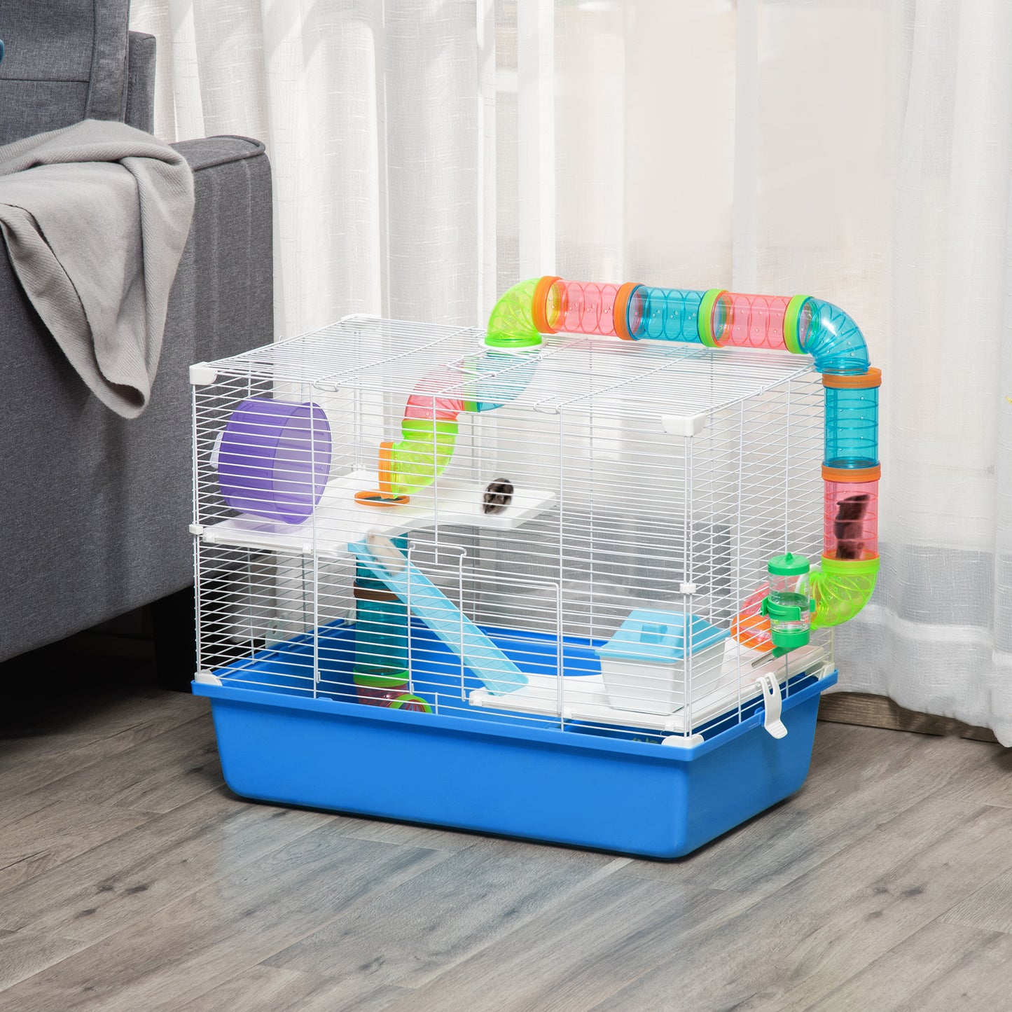 PawHut Hamster Cage with Tubes Tunnel 3 Level Rodent House with Exercise Wheel, Water Bottle, Food Dish, Ramp, Hut 59 x 36 x 47 cm- Blue