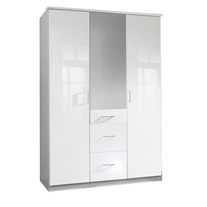 Clappen White Gloss Mirrored 3-Door Wardrobe with 3 Drawers for Modern Bedroom Storage