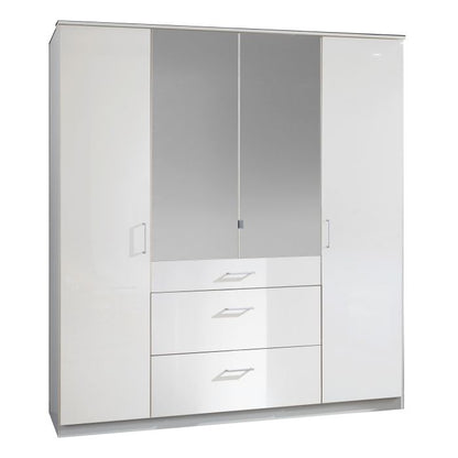 Clappen White Gloss 4-Door Wardrobe with Mirrored Doors and 3 Drawers for Stylish Storage