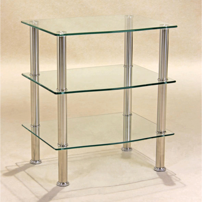 Beverley Chrome Stainless Steel 3-Shelf TV Unit with Clear Glass Top - Modern Entertainment Stand