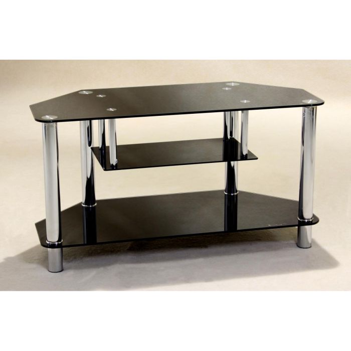 Corfe Black Glass Corner TV Unit with Chrome Finish - Nestium